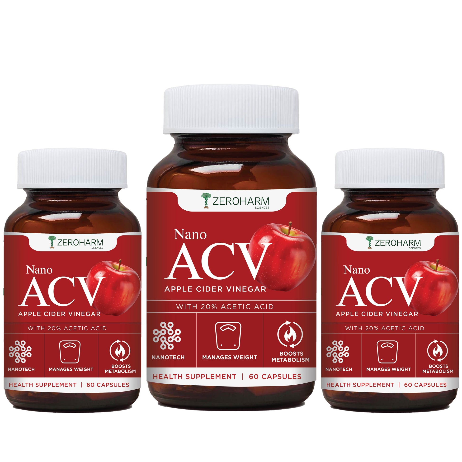 three glass bottles of acv pills