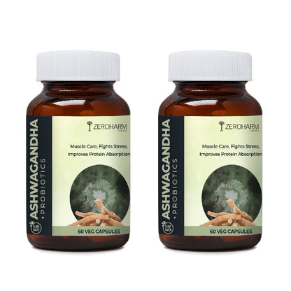 two glass bottles of probiotic with ashwagandha