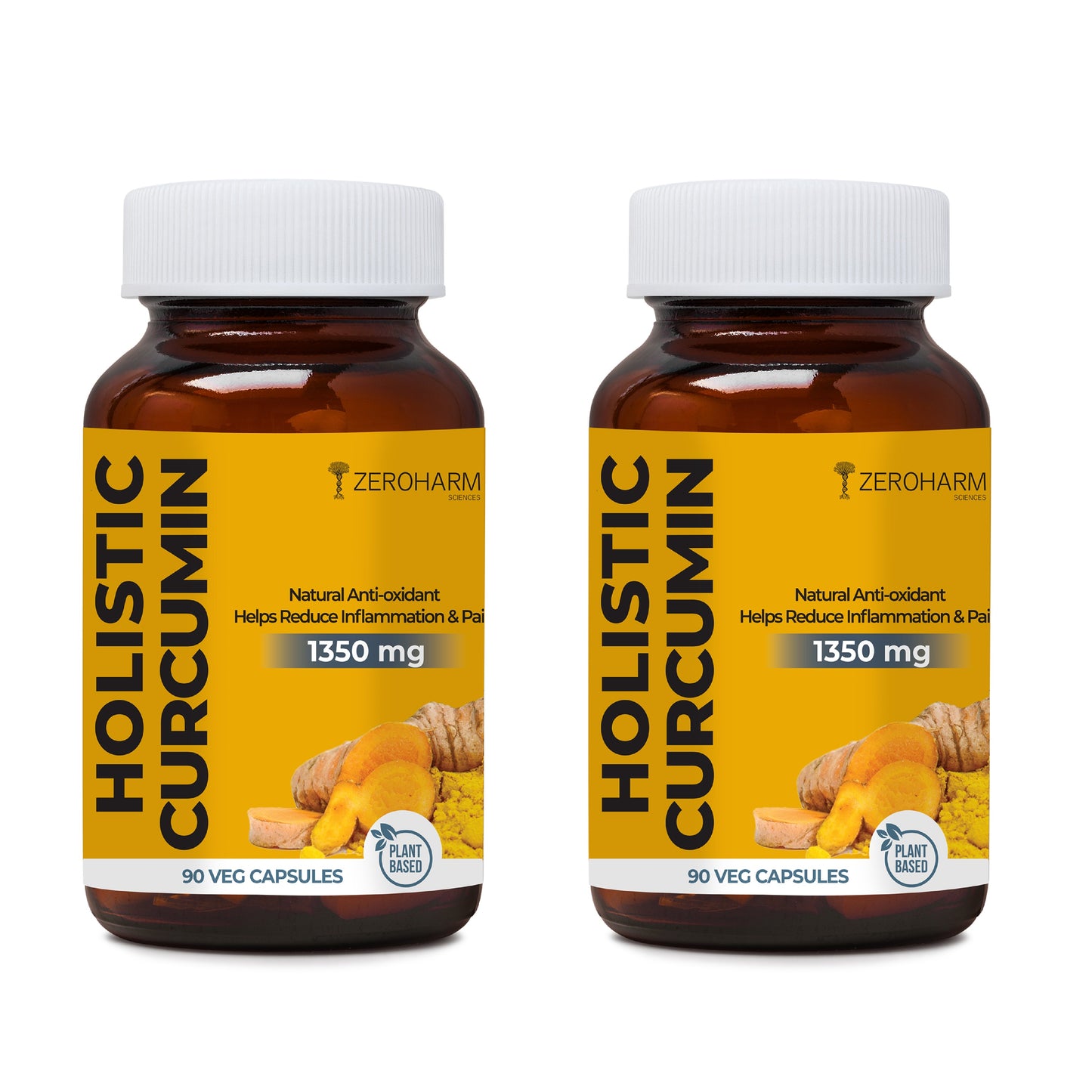 two glass bottles of curcumin capsules