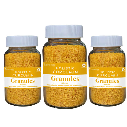 turmeric granules with three glass bottles