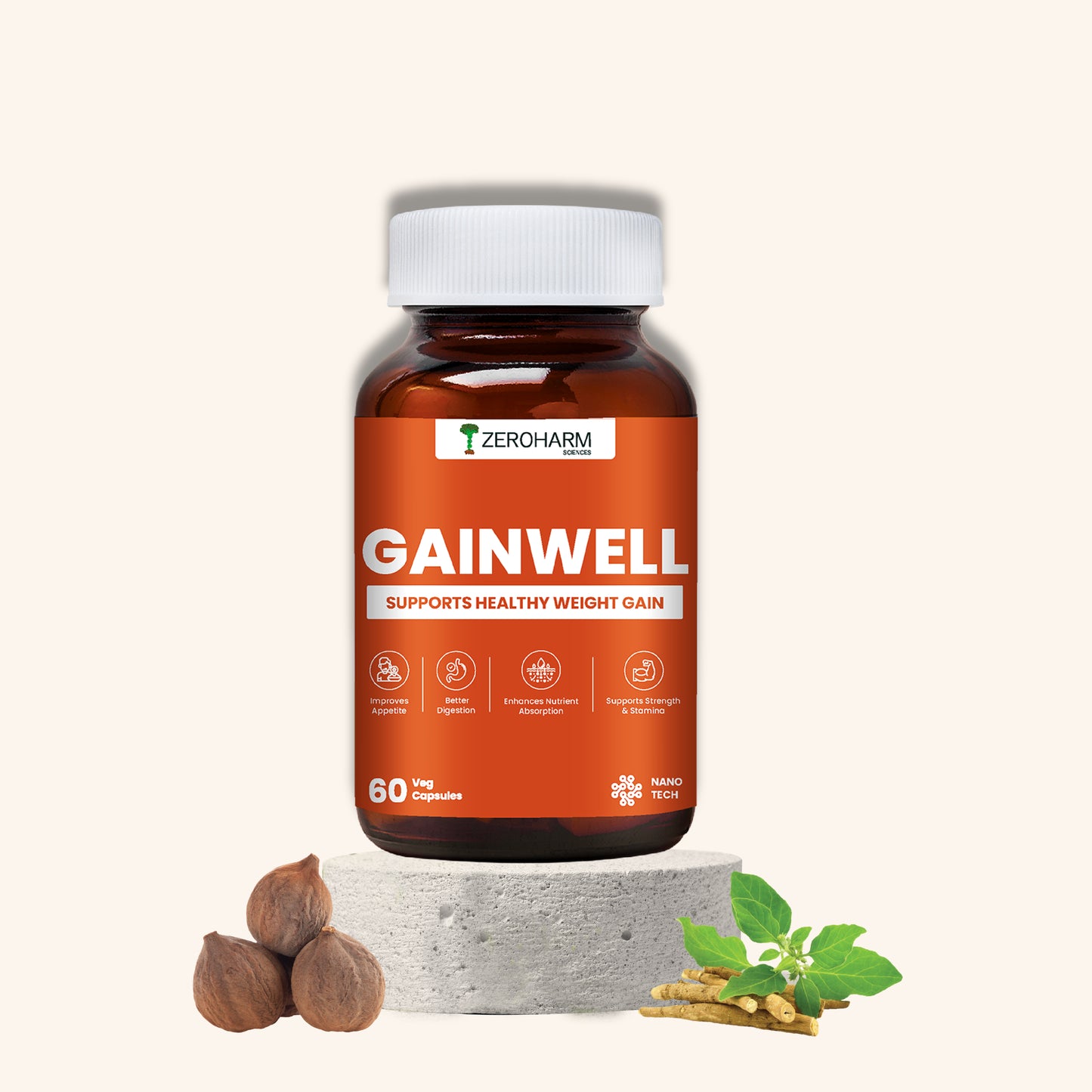 Plant-based weight gain supplement with 60 vegetarian capsules with kali harad and ashwagandha.