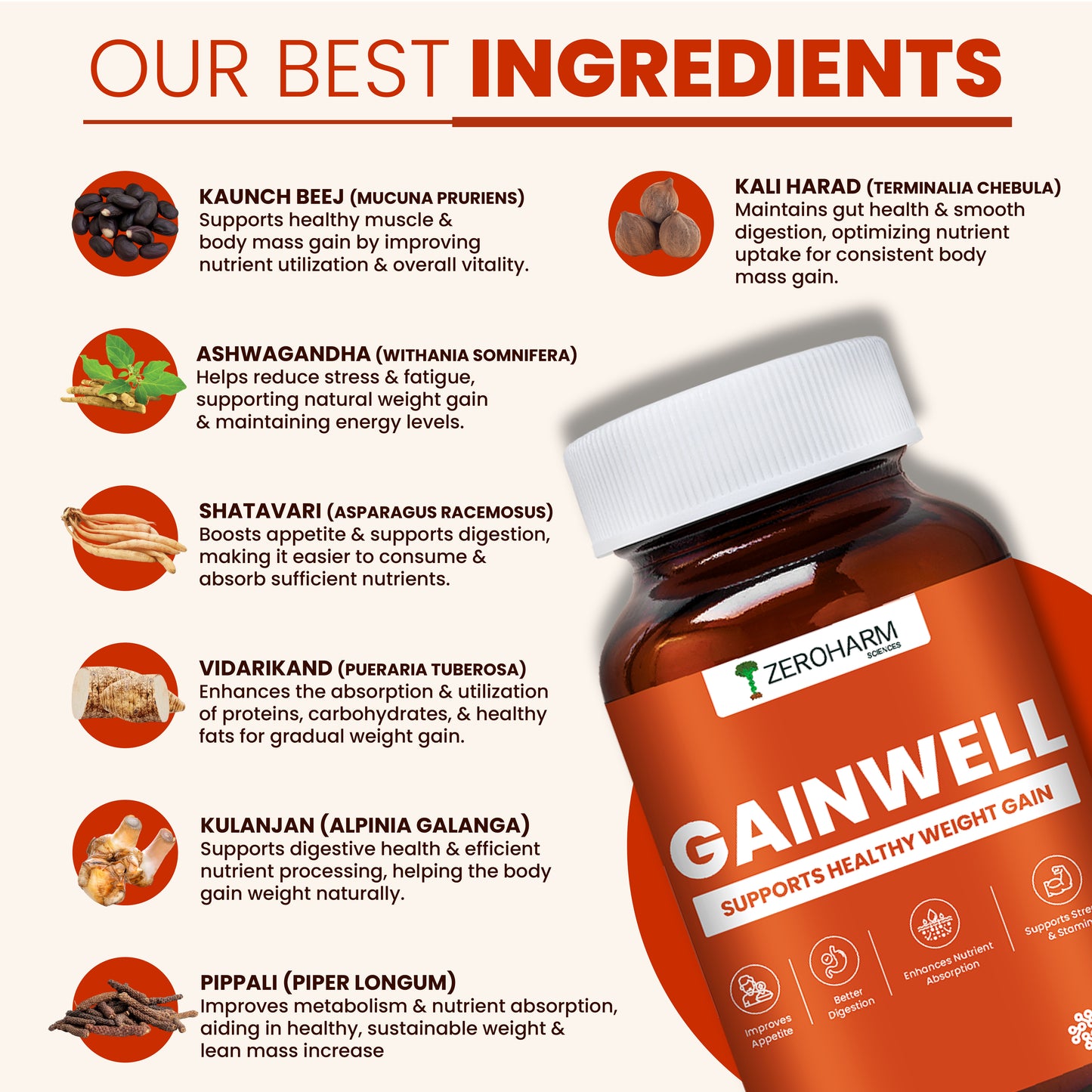 Weight gain supplement with kaunch beej, kali harad, ashwagandha, shatavari, vidarikand, kulanjan and pippali.
