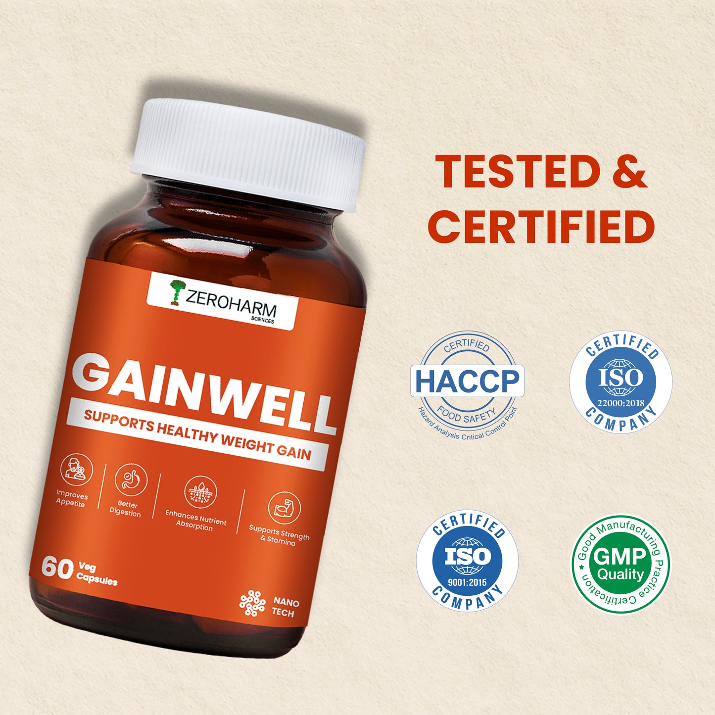Tested weight gain supplement with HACCP, ISO 9001, ISO 22000 and GMP quality certifications.