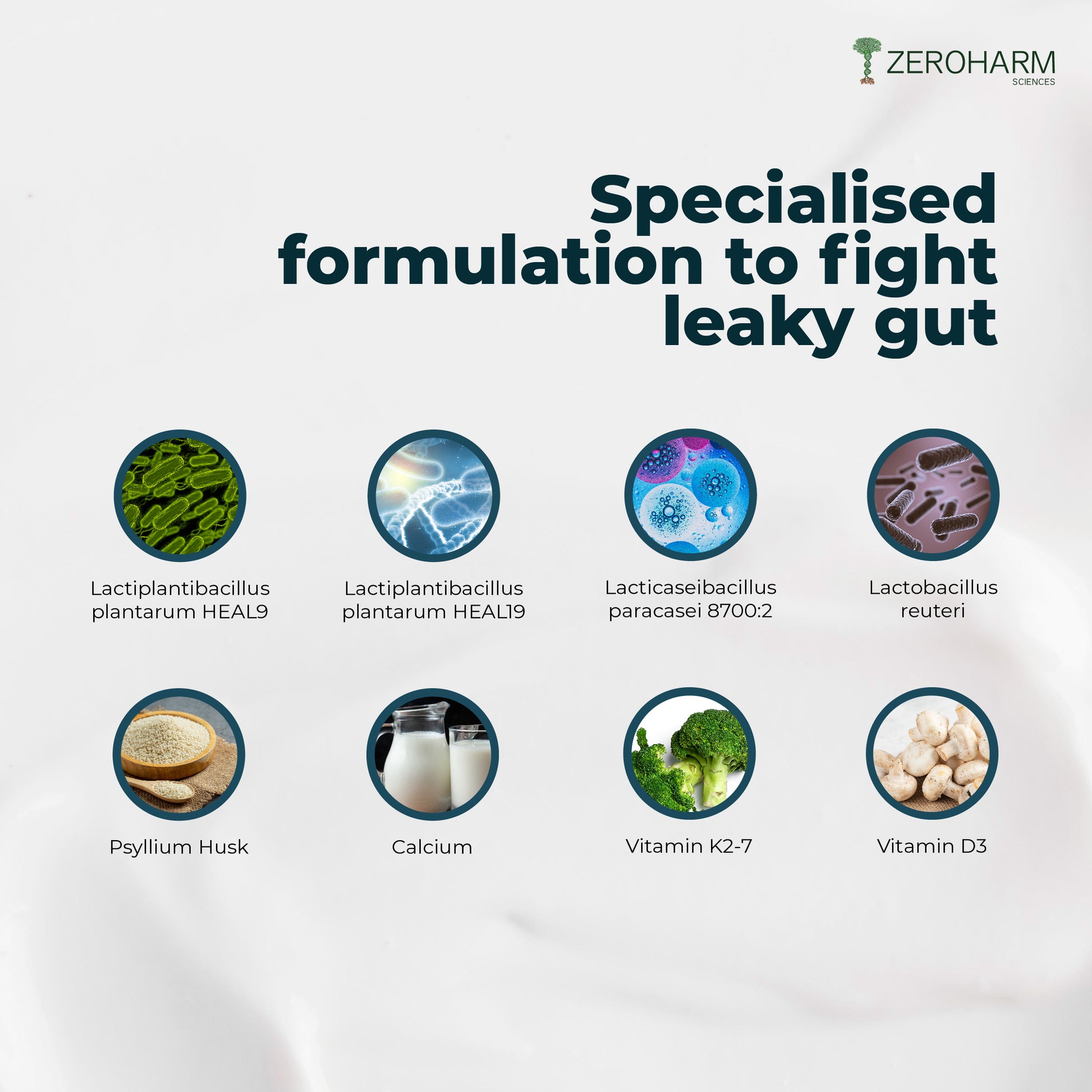 leaky gut tablets made with several probiotic blends and some ingredients like psyllium husk, calcium, vitamin D3, vitamin K2-7