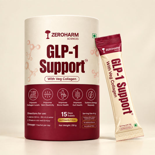 Zeroharm GLP 1 Support dietary supplement and single sachet with Veg Collagen for skin and gut health.