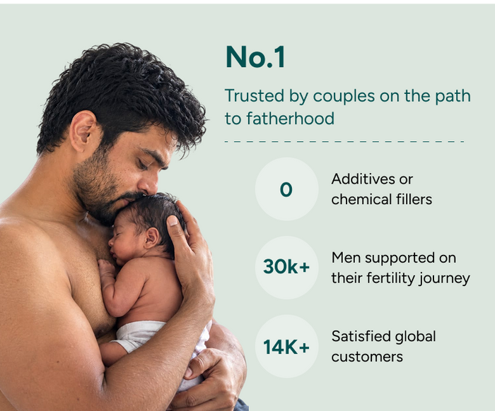 Father holding and kissing his newborn baby, alongside fertility support statistics highlighting zero chemical fillers, 30k+ men supported, and 14k+ satisfied global customers.