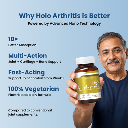 Senior man holding a joint support supplement that offers better absorption.