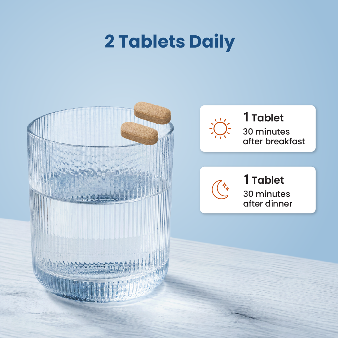 Daily dosage guide showing one tablet after breakfast and one tablet after dinner, each taken after 30 minutes.