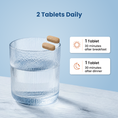 Daily dosage guide showing one tablet after breakfast and one tablet after dinner, each taken after 30 minutes.