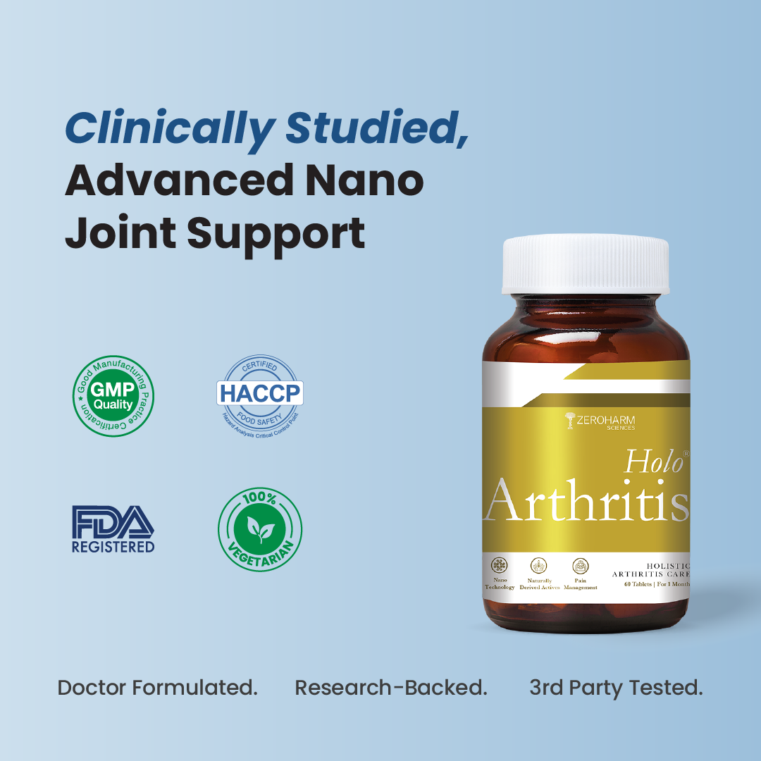 Clinically studied nano joint support supplement with GMP, HACCP, vegetarian certification and third-party testing.