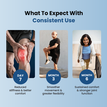 Six-month joint support timeline covering stiffness, mobility, flexibility, comfort and joint function.