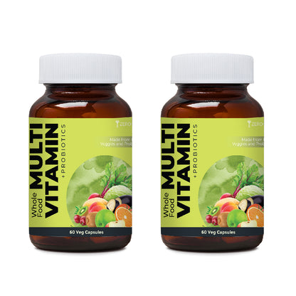 two glass bottles of multivitamin with probiotics