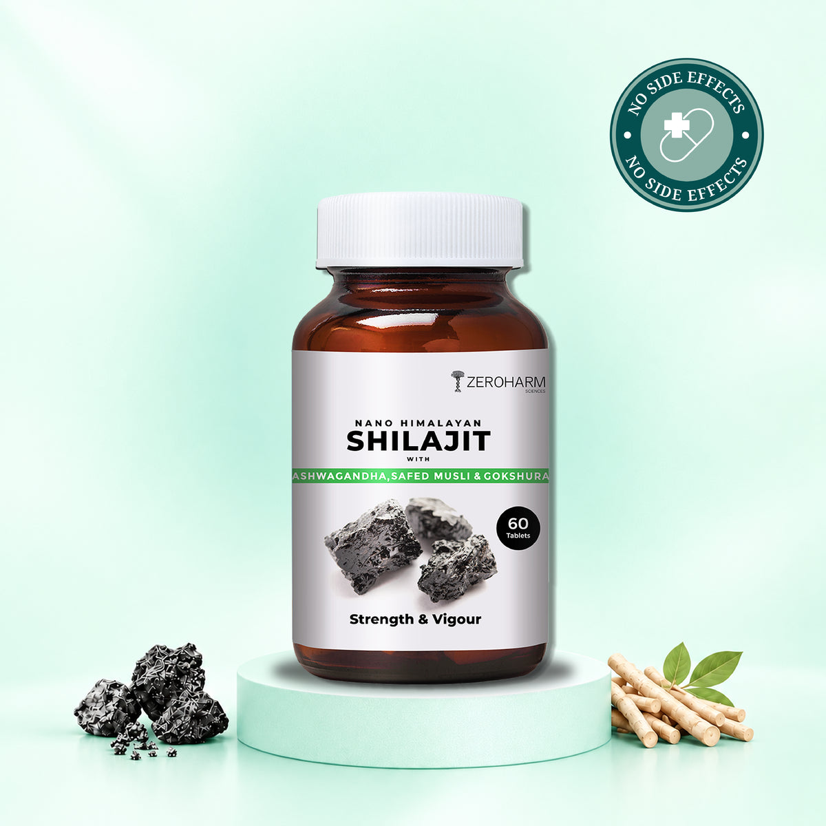 A bottle of ZeroHarma Nilgiri Shilajit 60 Capsules displayed on a mint green pedestal. The amber brown bottle has a white cap and a white label with black text and a picture of black rock.