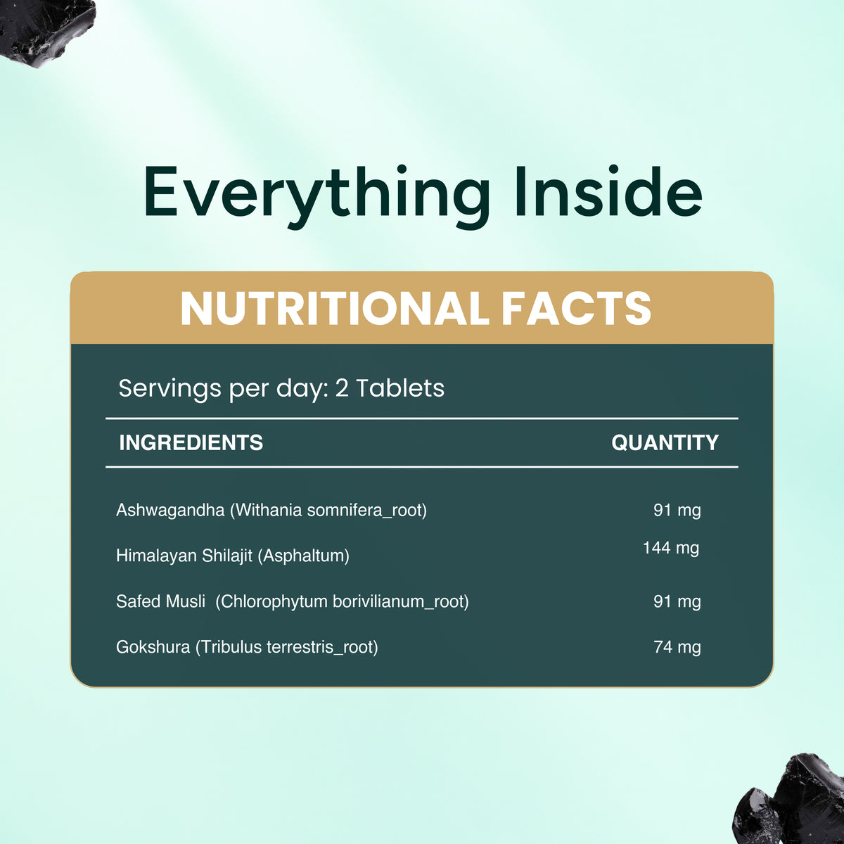 Nutritional facts graphic for a tablet product, titled 'Everything Inside,' with a dark teal background and a central rounded panel showing ingredients and daily serving quantity.