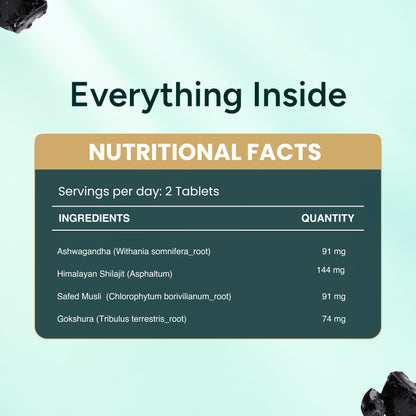 Nutritional facts graphic for a tablet product, titled 'Everything Inside,' with a dark teal background and a central rounded panel showing ingredients and daily serving quantity.