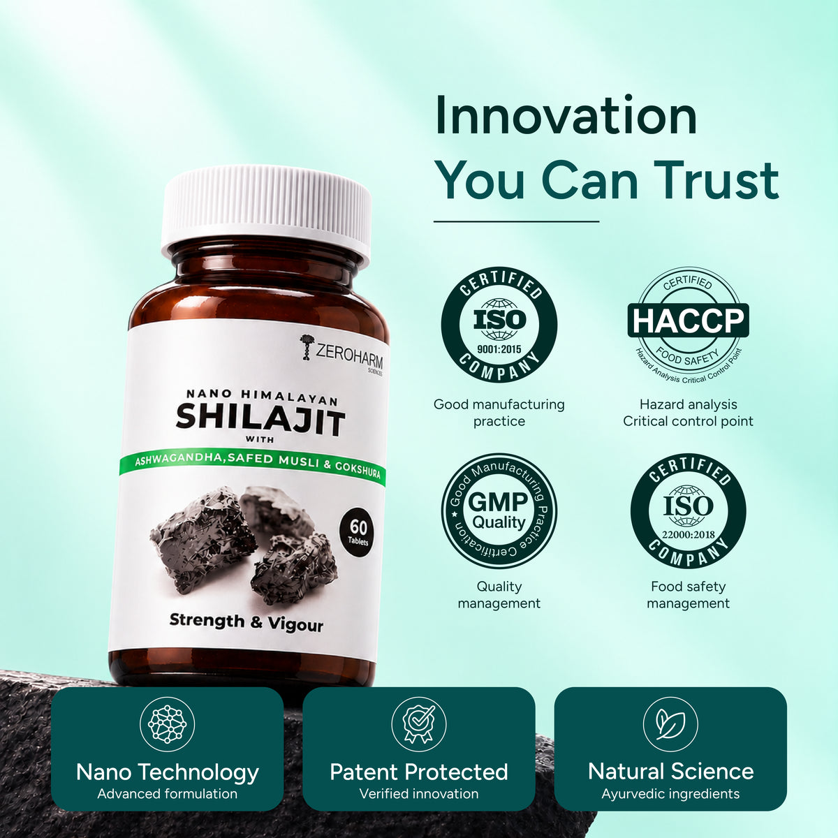 A bottle of ZeroHarma Nano Himalayan Shilajit Ayurvedic supplement shown on a light mint-green background with marketing text and certification badges. The amber bottle has a white cap and a white label with black and green text bout th product. 