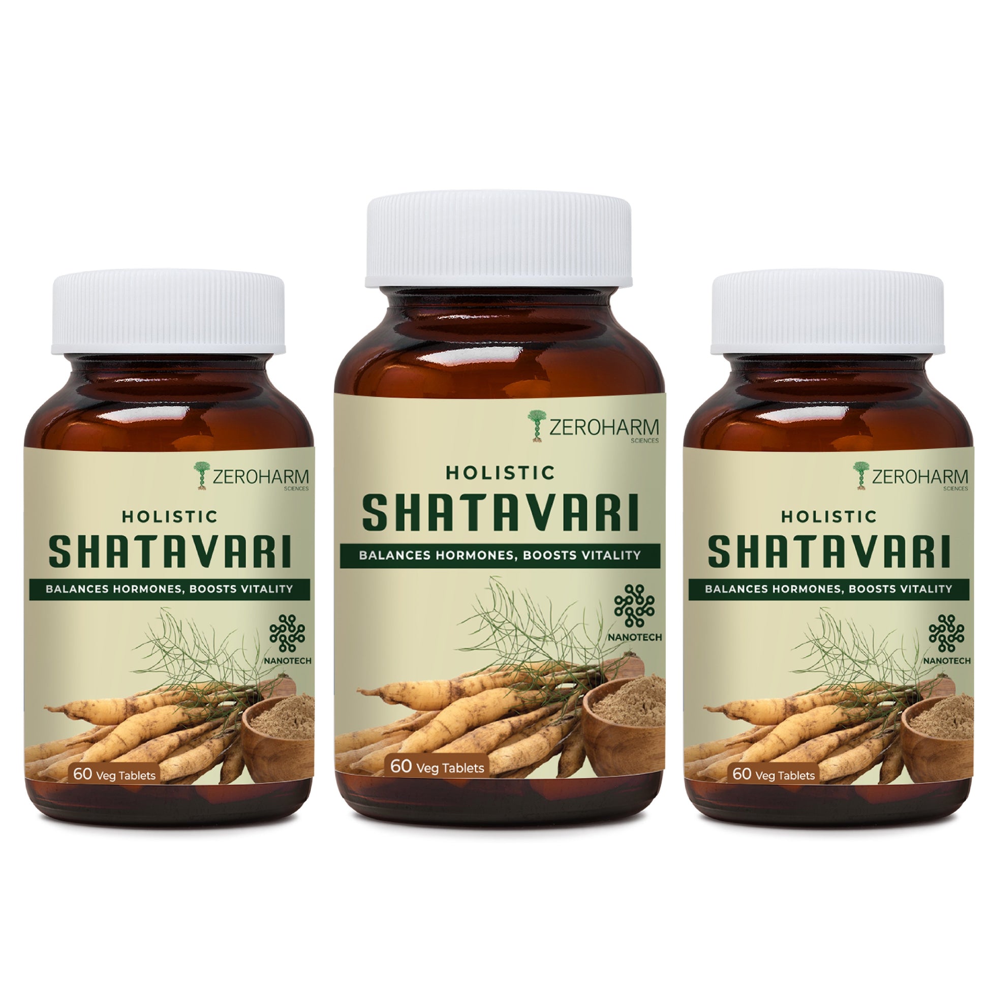 three glass bottles of shatavari supplements