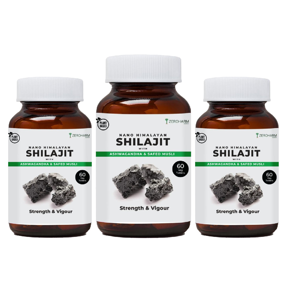 three glass bottles of shilajit supplements
