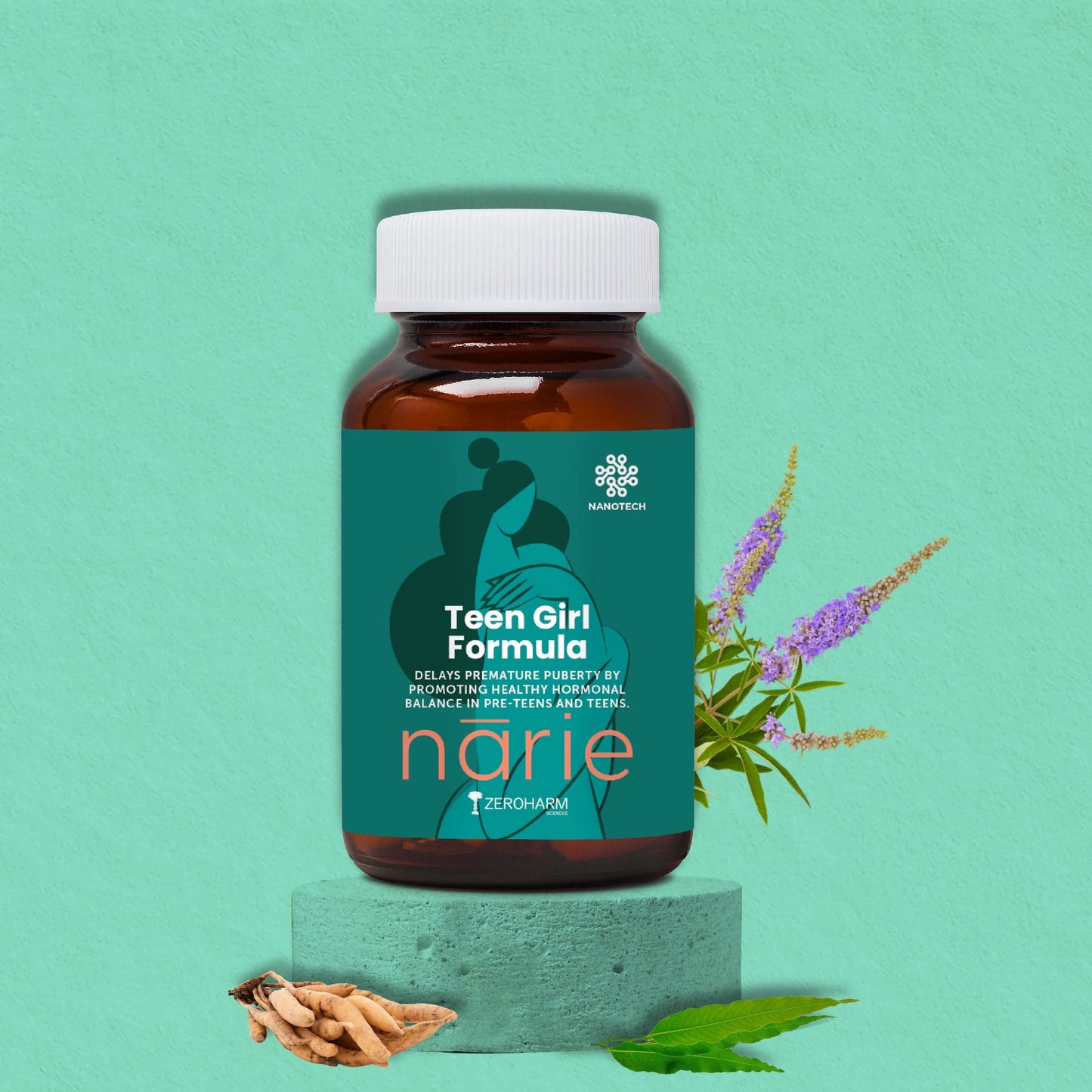 ZeroHarm NARIE Teen Girl Formula supplement bottle displayed on a green background, placed on a pedestal with herbal elements around it. The label reads ‘Teen Girl Formula’ for hormonal balance in pre-teens and teens. Ingredients highlighted include Shatavari, Ashoka tree leaves, and Chaste Berry extract, represented by natural plant visuals beside the bottle.