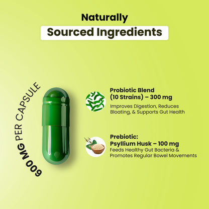 Green-themed graphic titled ‘Naturally Sourced Ingredients’ showing a green probiotic capsule labeled ‘600 mg per capsule.’ Text highlights a probiotic blend of 10 strains (300 mg) that improves digestion, reduces bloating, and supports gut health, along with a prebiotic psyllium husk (100 mg) that feeds healthy gut bacteria and promotes regular bowel movements.