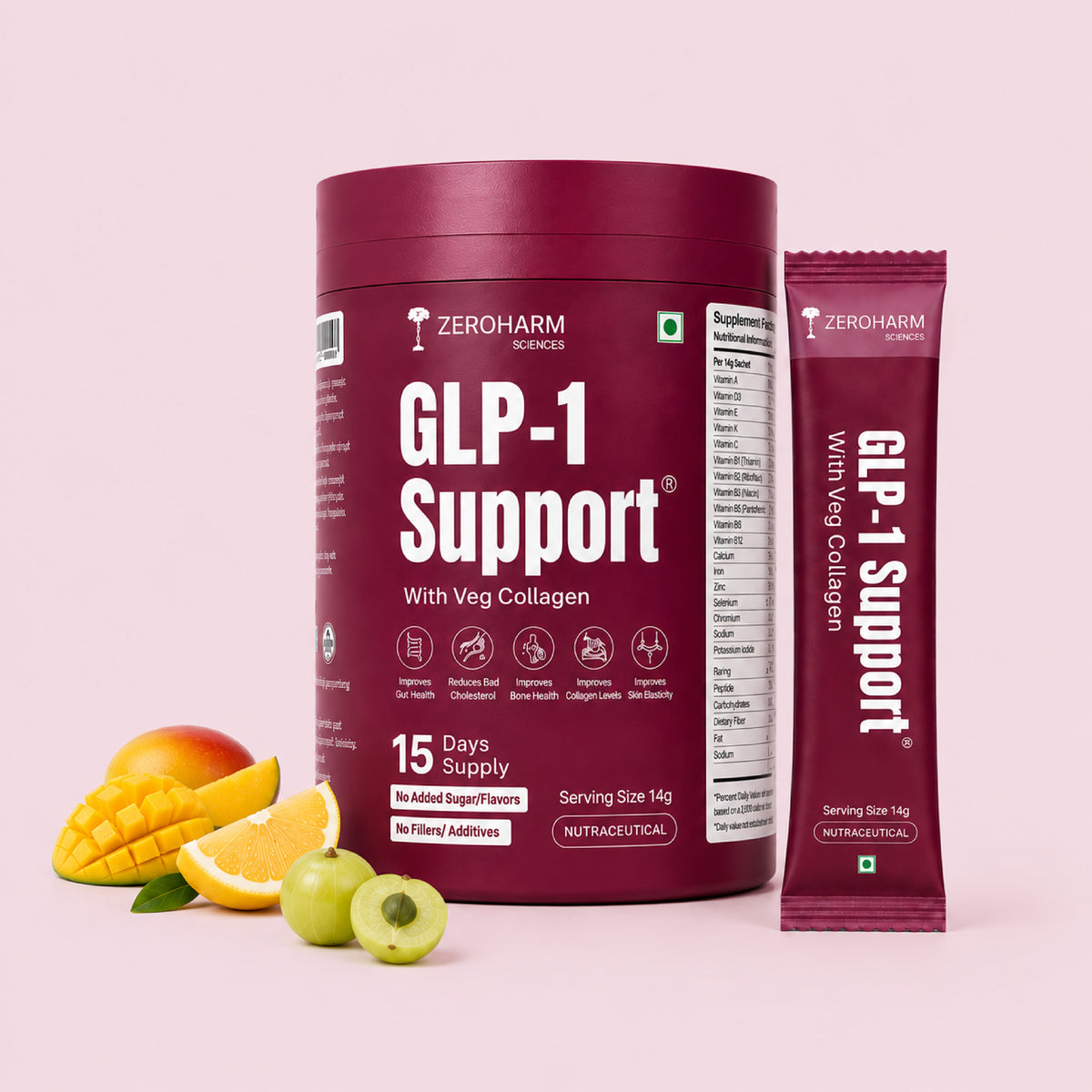 GLP-1 support powder with vegetarian collagen in a maroon tub and sachet beside mango, orange and amla.