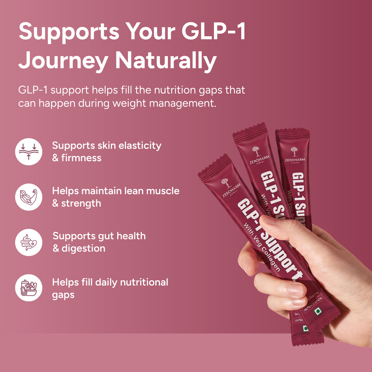 Hand holding three GLP-1 support sachets for skin, muscle, digestive health and daily nutrition.