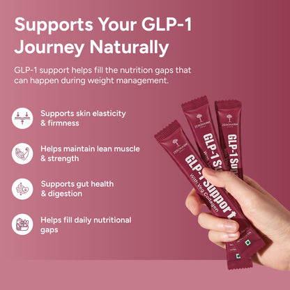 Hand holding three GLP-1 support sachets for skin, muscle, digestive health and daily nutrition.