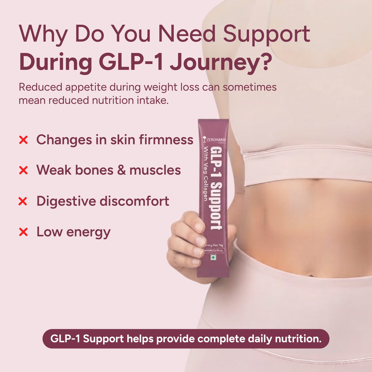 Woman holding a GLP-1 nutrition sachet for skin, muscle, digestion and energy support.