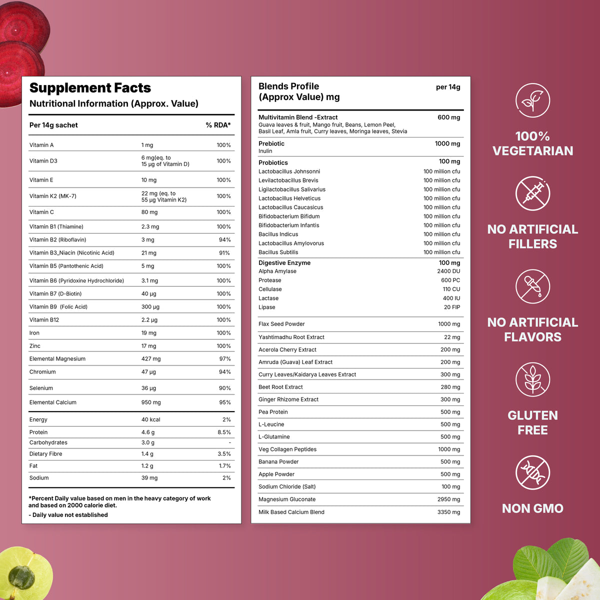 Supplement facts and ingredient blend for a vegetarian, gluten-free nutrition powder.