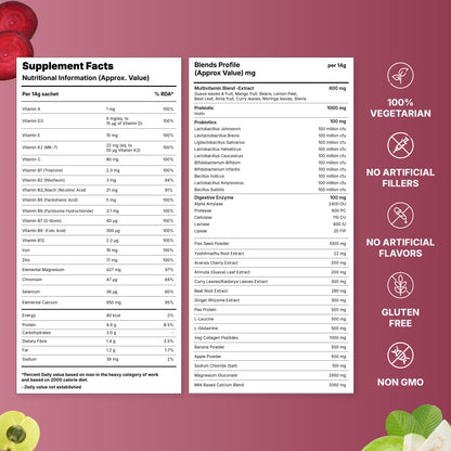 Supplement facts and ingredient blend for a vegetarian, gluten-free nutrition powder.