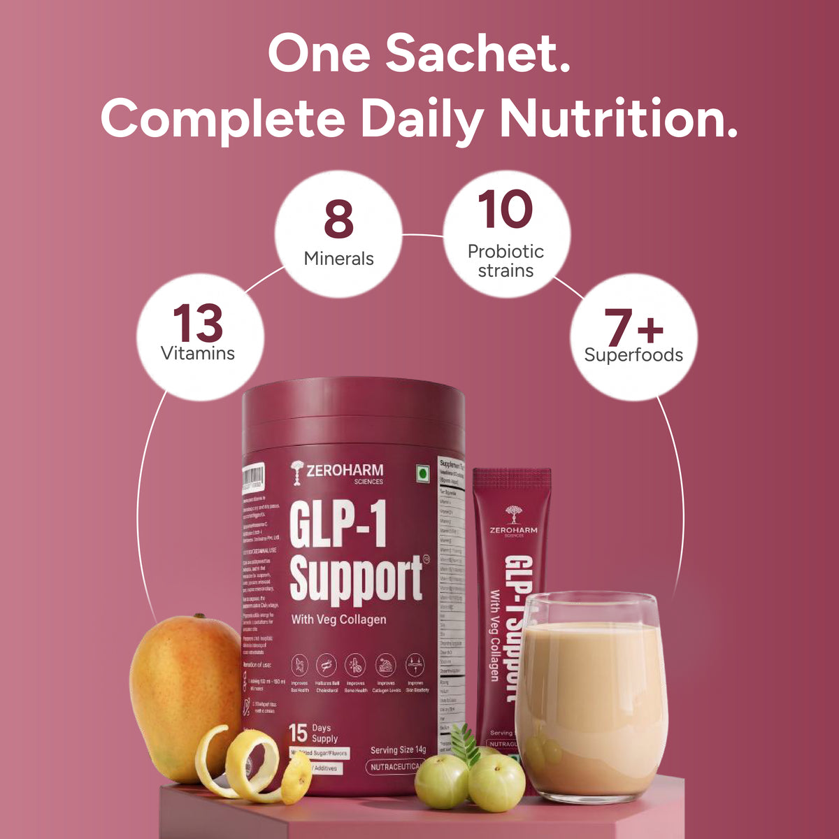 GLP-1 nutrition powder supplement with 13 vitamins, 8 minerals, 10 probiotic strains and 7 superfoods.