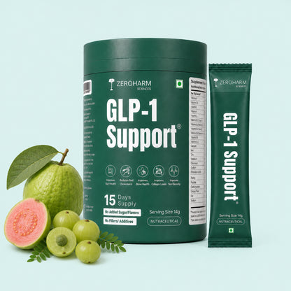 GLP-1 support powder supplement and a serving sachet with guava and amla fruits.