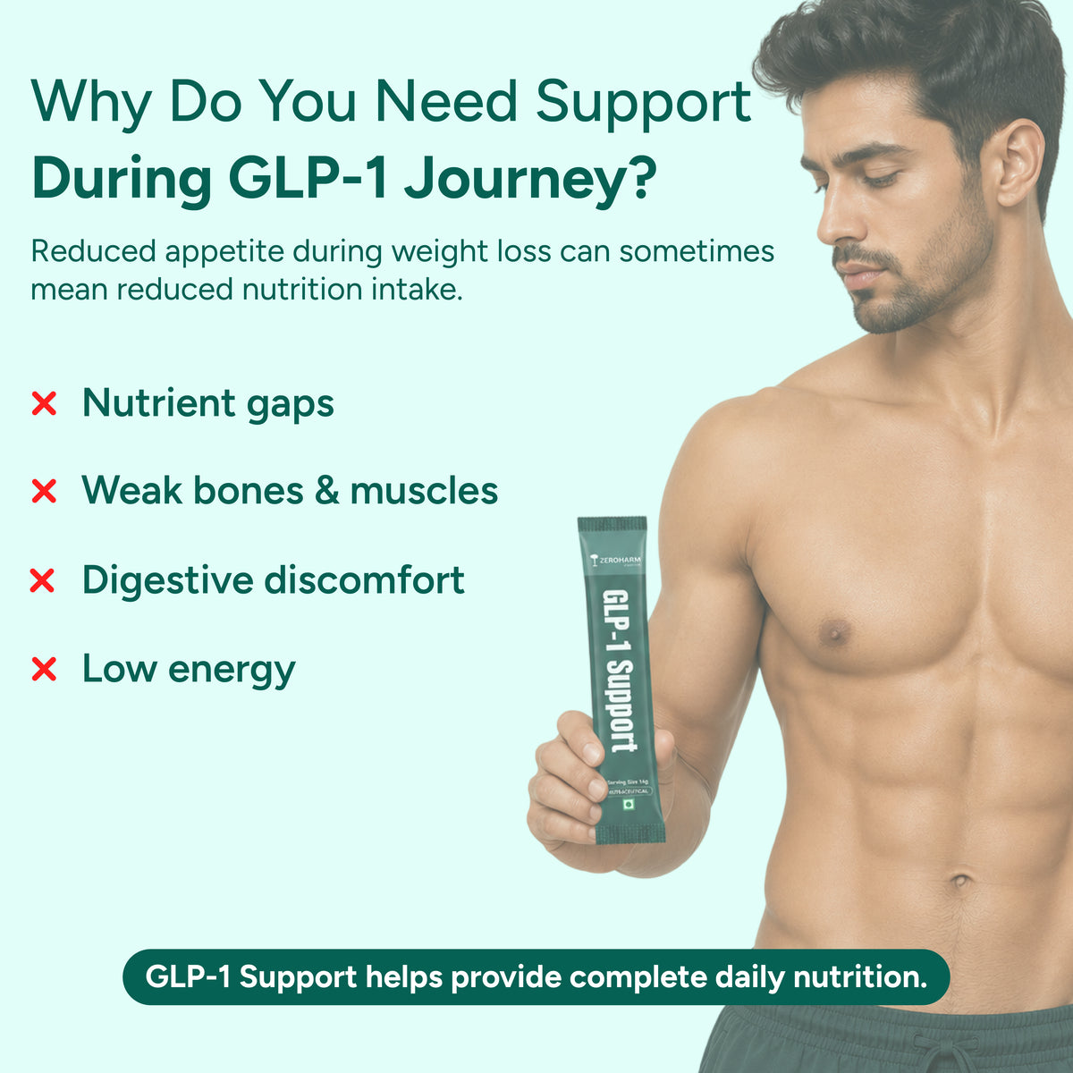 Man holding a GLP-1 support sachet for daily nutrition during weight management.