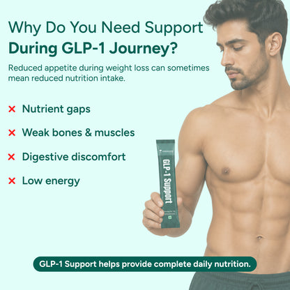 Man holding a GLP-1 support sachet for daily nutrition during weight management.