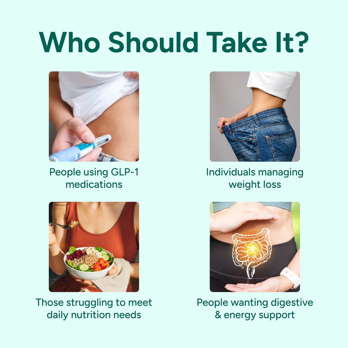 infographic showing people who should take GLP-supplement like medication users and people managing weight, nutrition, digestion or energy.