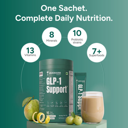 GLP-1 nutrition supplement with 13 vitamins, 8 minerals, 10 probiotic strains and 7+ superfoods.