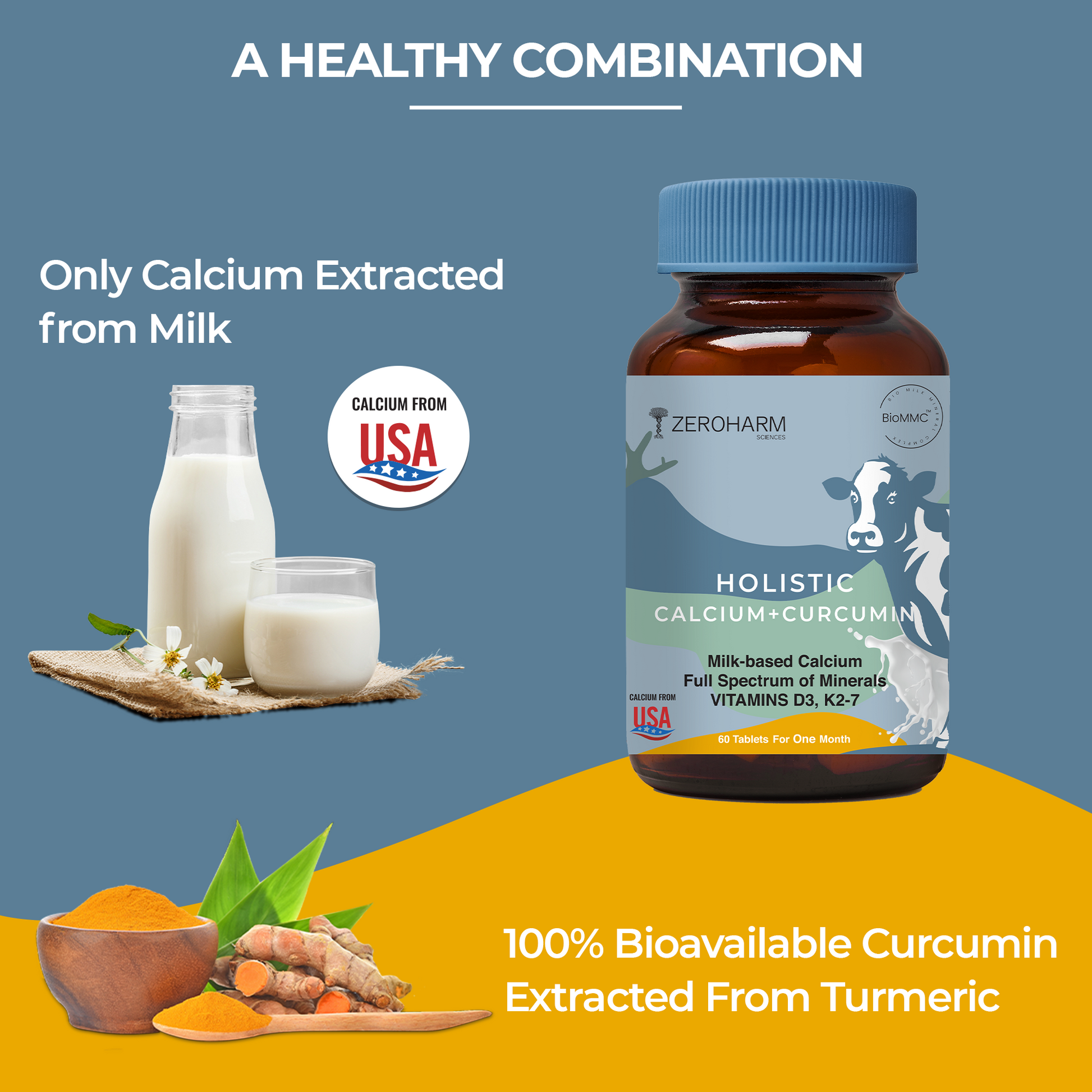 calcium phosphate pills with a healthy combination of calcium extracted from milk and curcumin extracted from turmeric