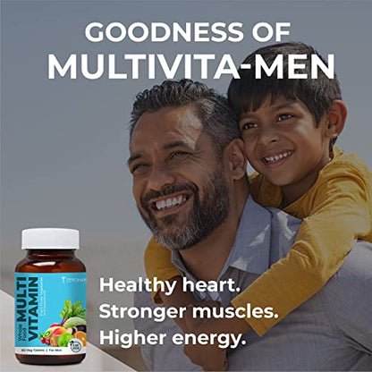 a man with his child who uses multivitamin men for a healthy heart ,strong muscles and high energy